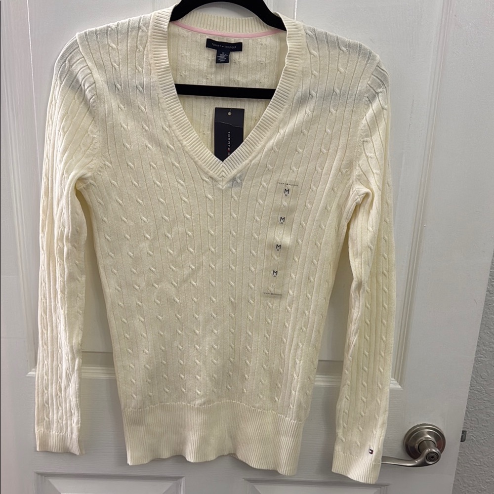 NWT Tommy Hilfiger Fence White V-Neck Cable Knit Sweater